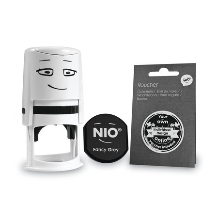 NIO Stamp with Voucher and Fancy Gray Ink Pad, Self-Inking, 1.56 Diameter 071509